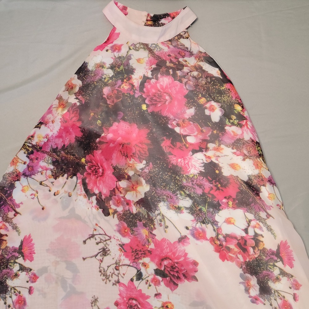 Unbranded Floral Halter Maxi Dress Womens Medium Pink Chiffon Lined Keyhole Back